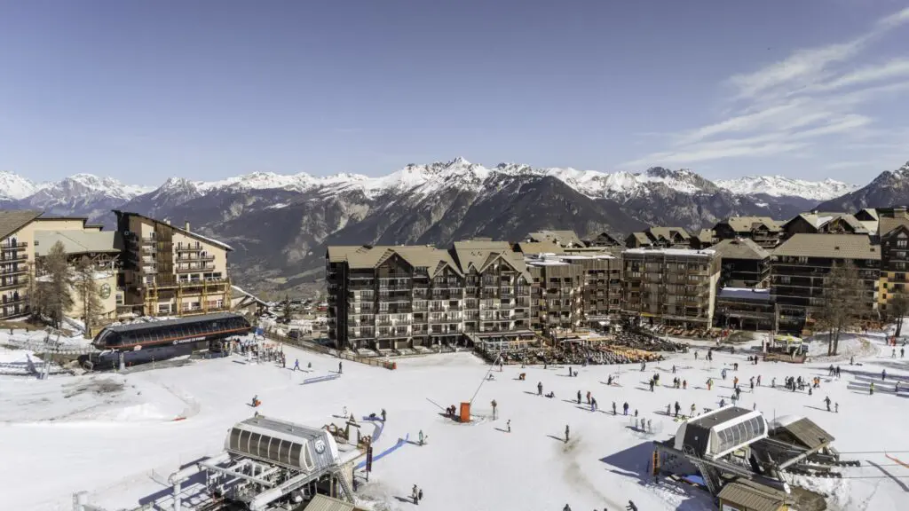 drone shot of Risoul ski resort with snowy mountains