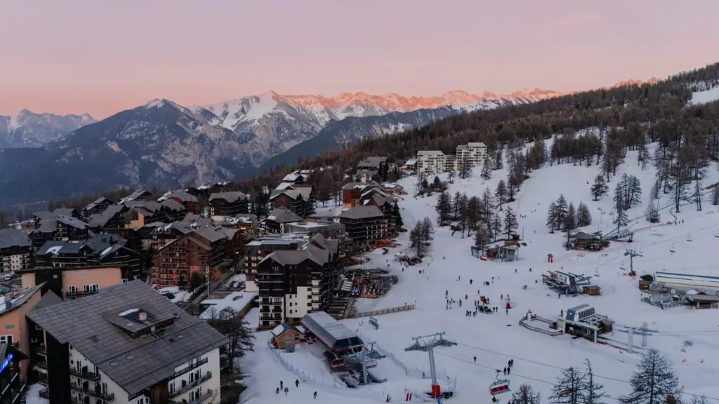 aerial view of Risoul ski resort at sunset
